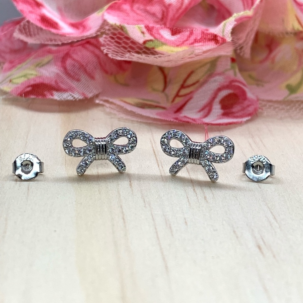 Sterling Silver 925 CZ Bow Earrings